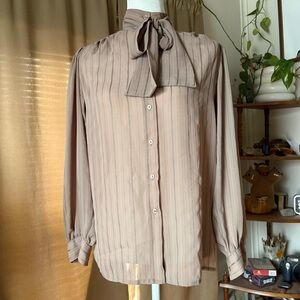 Vintage Elite International Brown Striped Tie-Neck Button Up Blouse Size Small